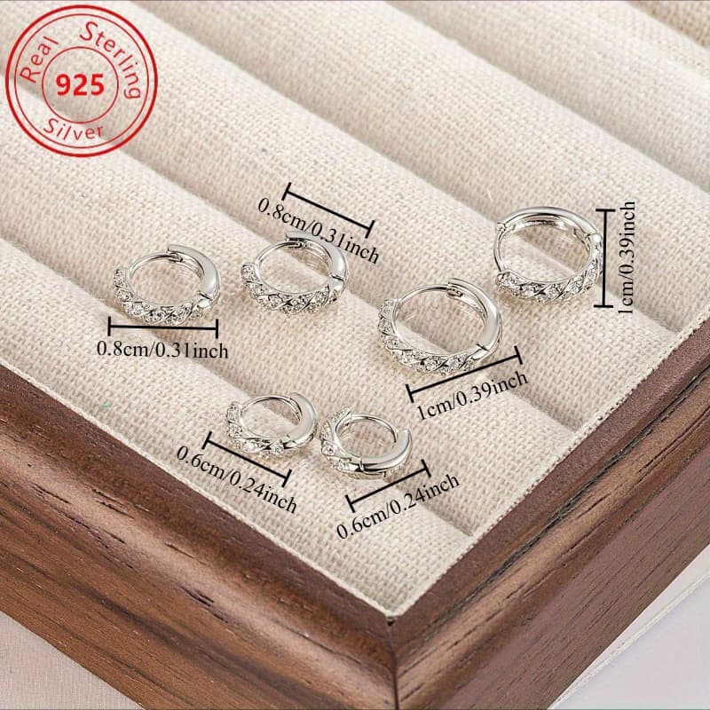 TEMU 6pcs-s925 Pure Silvery Twisted Design Round Ear With Sparkling Synthetic Oxidized Zirconia - Hypoallergenic - Perfect For Casual Attire, Valentine's Day And Gifts, , High