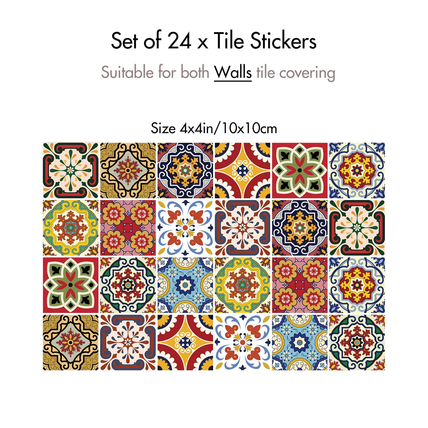 TEMU 24pcs Bohemian Moroccan Tile Stickers Waterproof Wallpaper-like Decals - Spanish Mosaic Patterns (cobblestone, Azulejos) For Kitchen, Bathroom, Backsplash - Glossy Vinyl & Wall Tiles (4x4 Inch