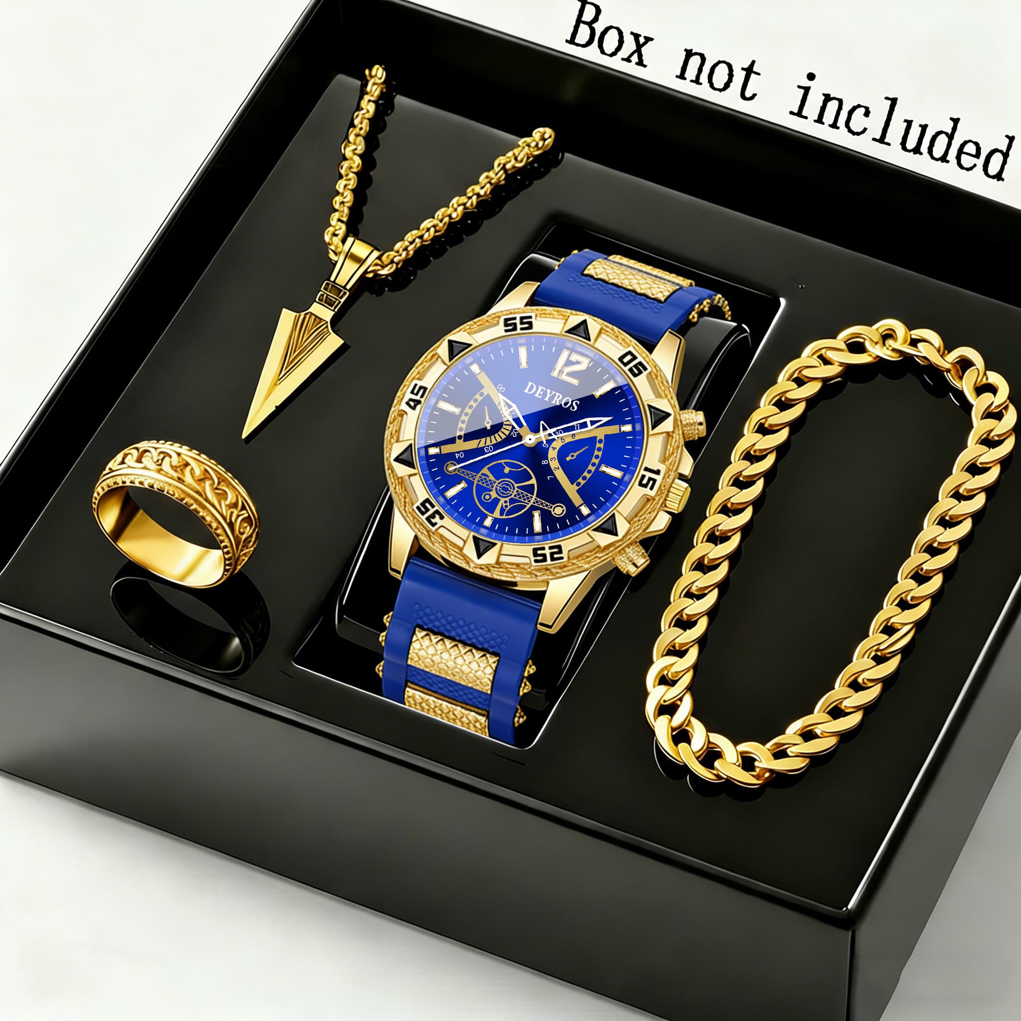 TEMU Set Of 4 Men's Quartz Watches And Jewelry | Includes Necklaces, Rings, And Bracelets | Ideal For Casual And Professional Attire | Men's Business Watch