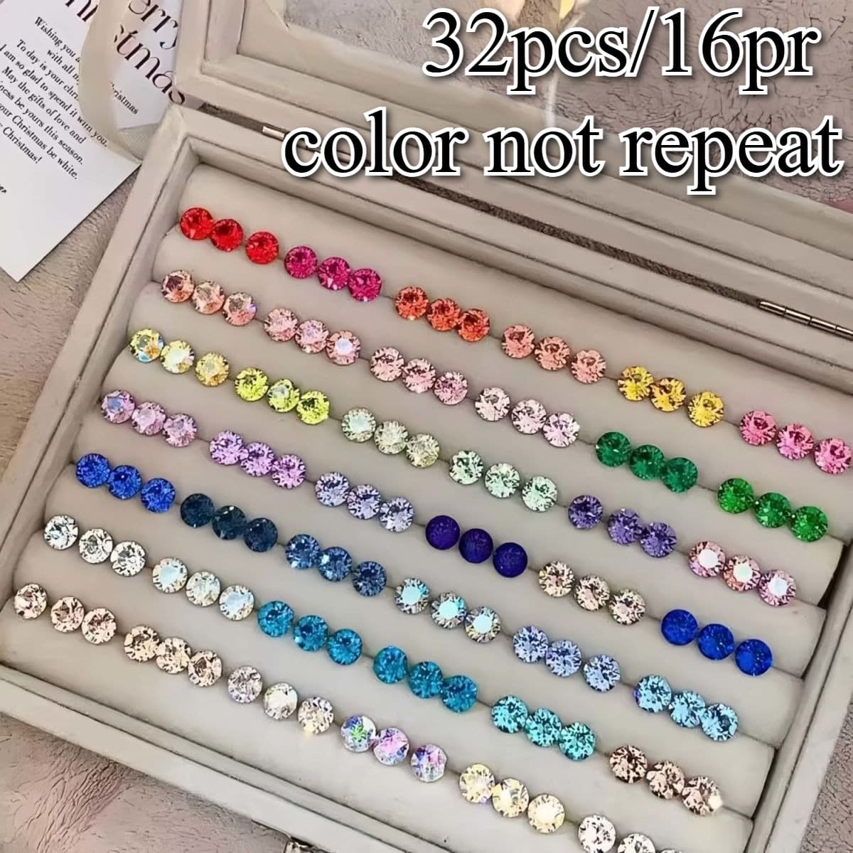 TEMU 32pcs/16pr Shiny 6mm Inlaid Colored Synthetic Cubic Zirconia Stud Earrings, Stud Set, Screw Exquisite Stud Earrings, Colors Will Not Be Repeated
