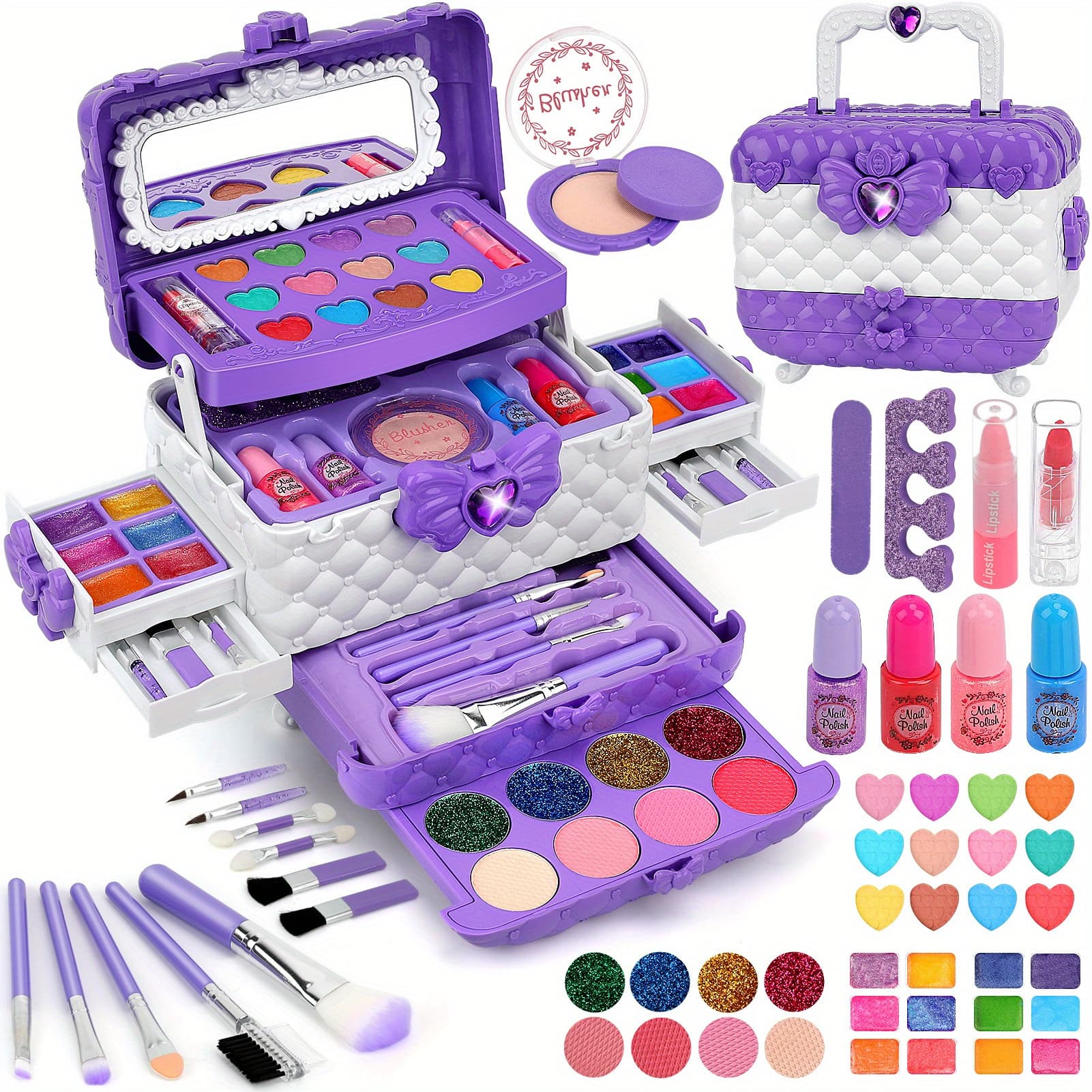 TEMU 54pcs Heaning Kids Makeup Set, Washable With Real Makeup For Girls, Ideal Birthday & Gift, Includes Makeup Bag, Brushes, Foundation, Lipsticks, Eye , Blushes, Highlighters, Concealers