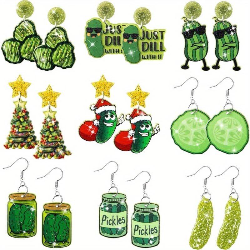 TEMU 9pairs Just Pickle Sparkly Glitter Drop Dangle Earring Funny Pickle Jar Cucumber Acrylic Earrings Cute Christmas Pickle Gifts For Women