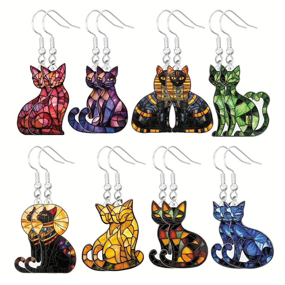 TEMU 8 Pairs/set Cat Earrings Set, Cute Vintage Animal Gift, Colorful