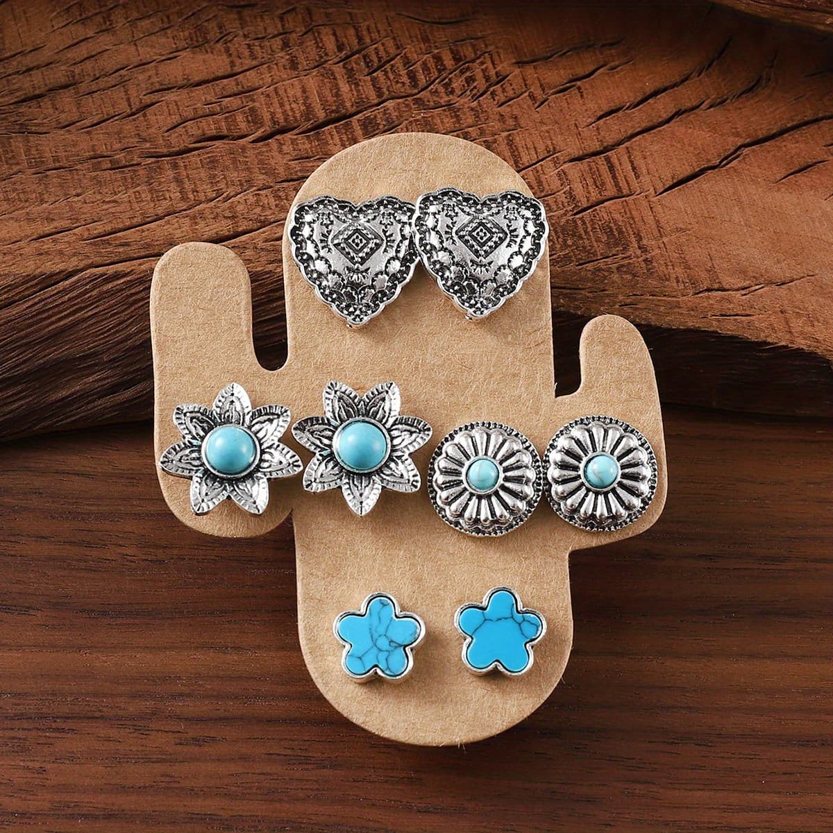 TEMU 20 Pairs Western Style Stud Earrings Set - Vintage Turquoise Bull Skull, Flower, , Cactus, Heart, Cowboy Boot Designs For Daily Wear, Gift For Her