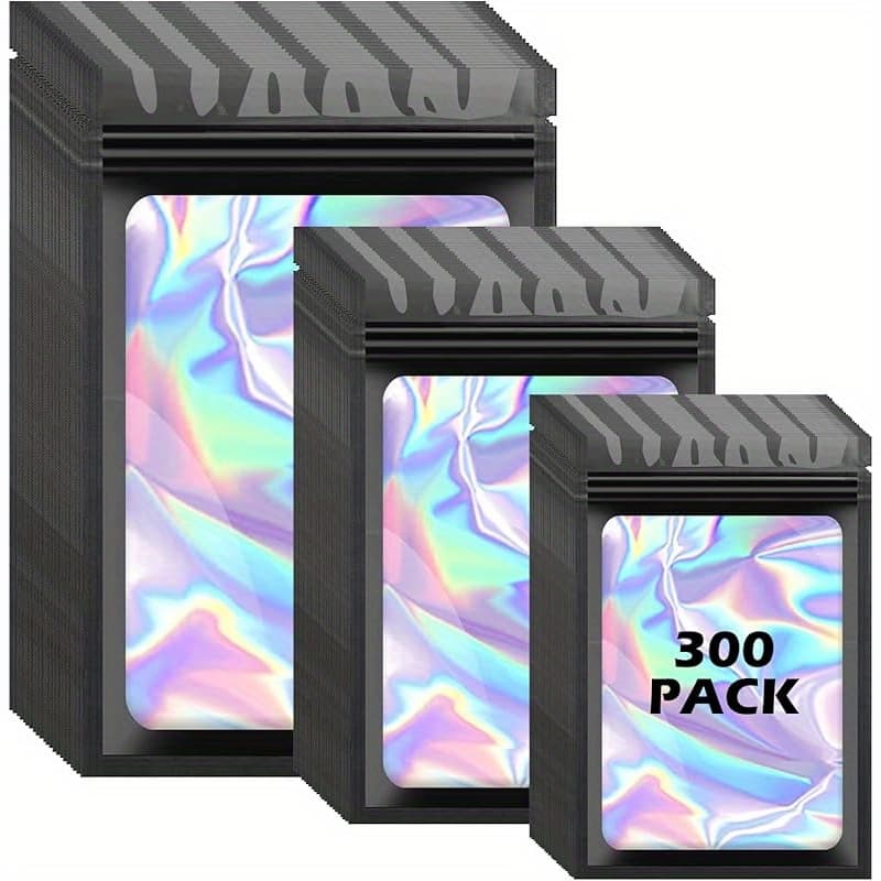 TEMU 300pcs Resealable Holographic Foil Bags – Mylar Zipper Pouches With Transparent Window For Small Business, Samples, Candy, Jewelry, And Gift Packaging