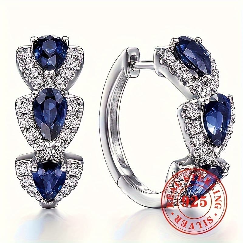 TEMU 1 Pair Women's Fashion Ring Earrings 4.3g S925 Sterling Silver Inlaid With Synthetic Sapphire Round Earrings Suitable For Women Bride Engagement Wedding Jewelry