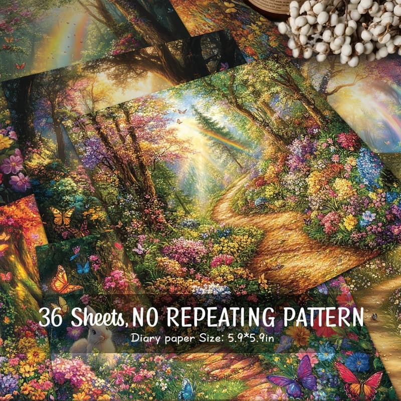 TEMU 36 Sheets Of Rainbow Flowers And Butterflies In A Forest Paper, Decorative Paper Suitable For Background Decoration, Junk Diary, Handmade And