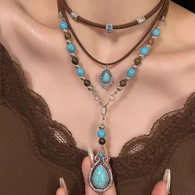 TEMU Retro Western Ethnic Style Synthetic Turquoise Pendant Necklace And Set Bracelet Women's Jewelry Set Suitable For Daily Vacation, Holiday Party, Valentine's Day, Birthday Wear And Gift