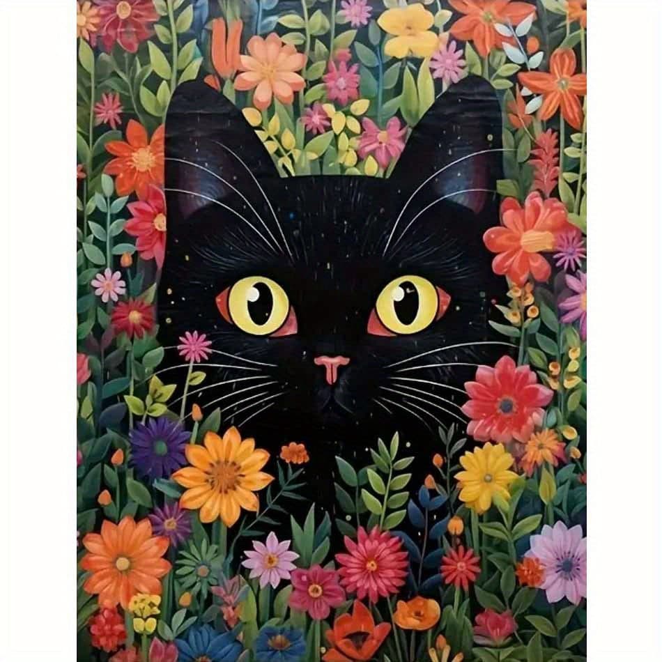 TEMU Professional Art Use Paint By Numbers Kit For Adults Beginner, Gift Canvas Painting Kits, Black Catbeautiful Flowers Oil Painting Kit, Paint Adult Crafts For Gift Home Wall 16x20inch