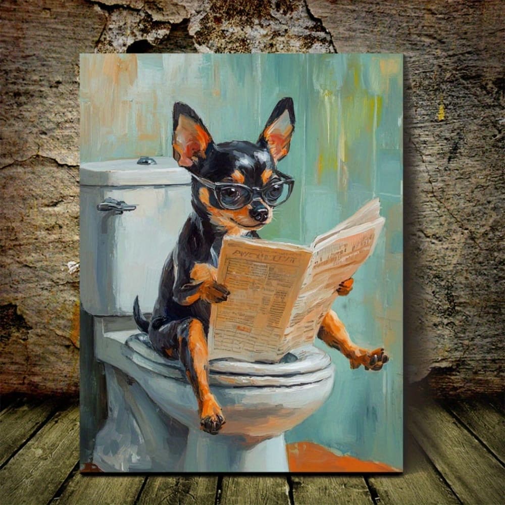 TEMU 11.8"x15.7" Unframed Canvas Art Print - Chihuahua Sitting On Toilet Reading Newspaper, Whimsical Dog-themed Wall Decor , Office, Living Room, Bathroom, Dining, Or Kitchen
