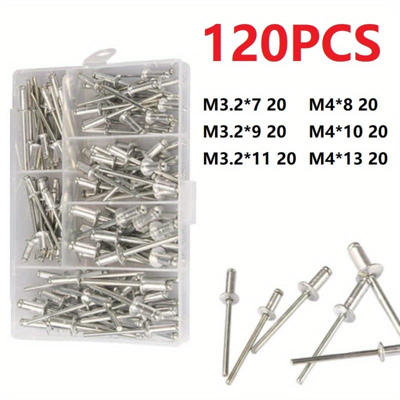 TEMU 120pcs Blind Rivets M3.2 M4 Dome Head Blind Pop Rivets Assorted Set Rivet Kit Nail Pull For Furniture Assortment Kit