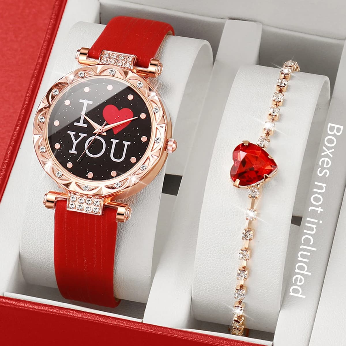TEMU 2pcs Women's Watch & Jewelry Set With Sparkling Heart Dial, Pu Leather Strap Quartz Watch, Matching Bracelet - Elegant Gift Set For Wedding, Party, Casual Attire (complete Accessory Kit)