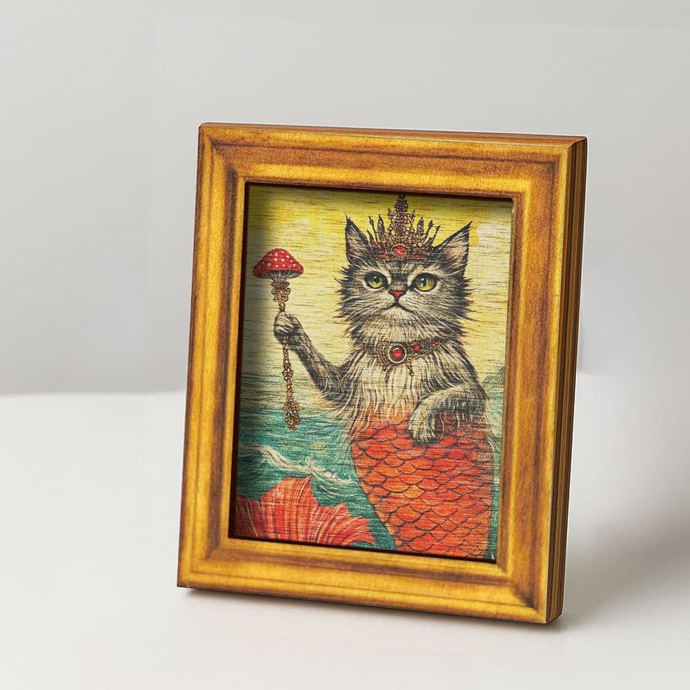TEMU 1pc Fantasy Cat Mermaid Wooden | Cat With Crown Holding Mushroom, Decor, Accessory, Back Is Full Of Magnet