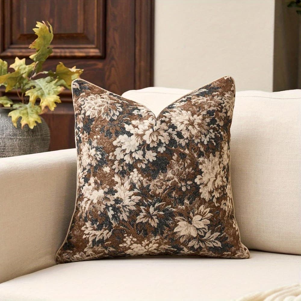 TEMU Neutral Floral Pillow Cover 18 X18 Inches, Vintage Chenille Square Throw Pillow Cover Soft Decorative Farmhouse Accent Couch Pillow Cover For Living Room Bedroom,