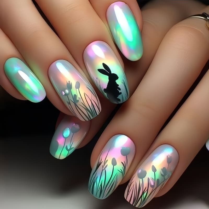 TEMU 48pcs & Tulip Nail Patches With Cute Bunny & Tulip Patterns - Glossy Machine-nails Suitable For Easter, Spring Nail Art - Green/ Nail Decals For (48 Count)