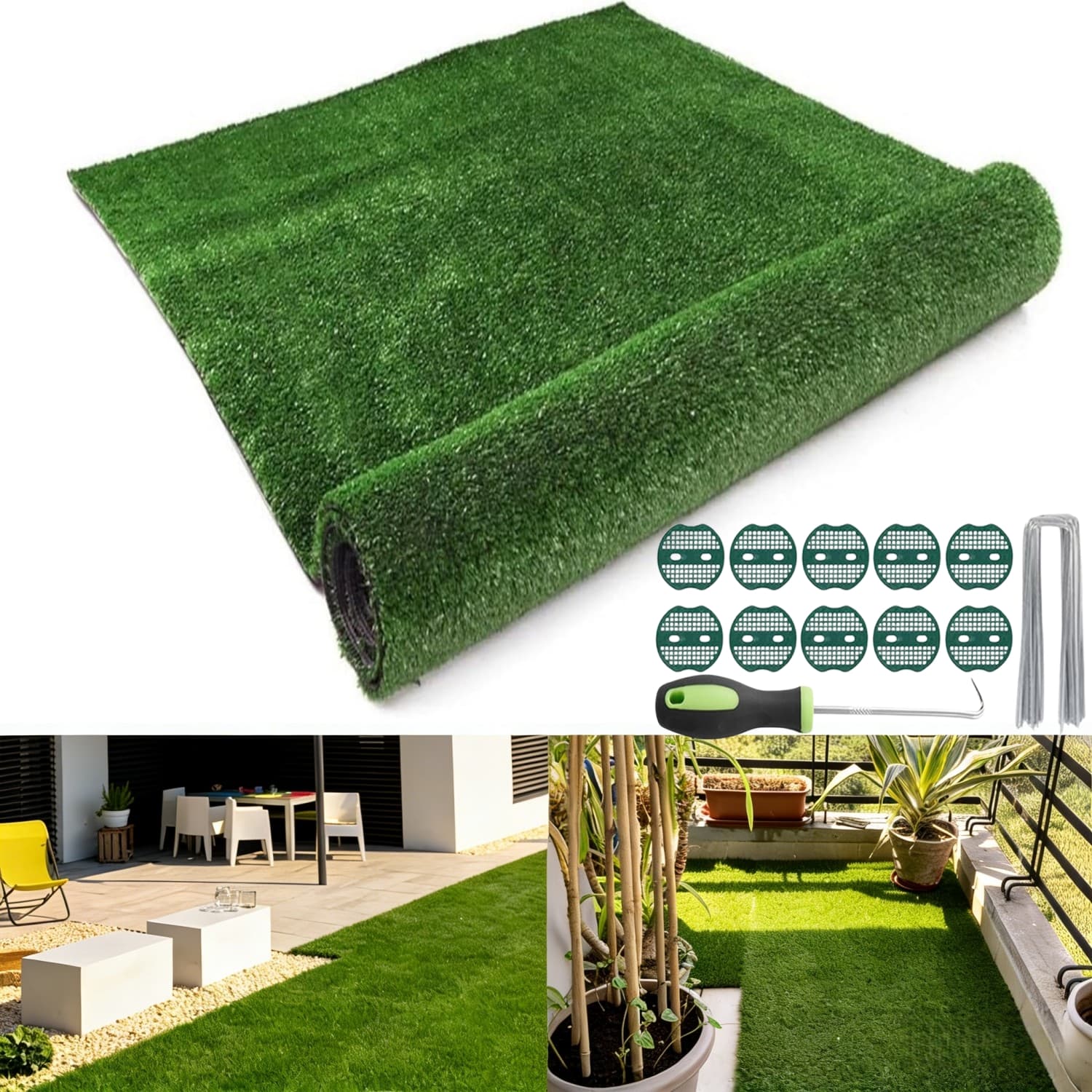 TEMU Artificial Grass Turf 5x20ft, 0.7' Pile Height Green Fake Grass Mat, With Drainage Holes - For Patio Garden Lawn, Indoor Outdoor Synthetic Rug For Dogs & Pets, Wear-resistant, Practical Style