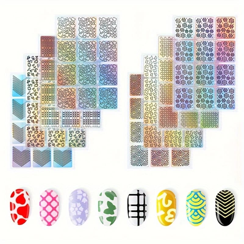 TEMU 288pcs Square Hollow Nail Stickers, French Hollow Nail Stickers, Laser Nail Stickers, 3d Printed Nail Stickers, With Patterns And Styles Of Nail Template Sets