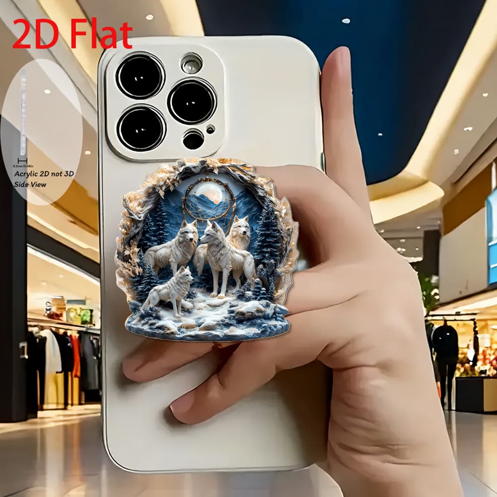 TEMU Acrylic Retractable Phone Holder Featuring A 2d Flat Design Of A Fashion With A Wolf Pack, As A - Holder