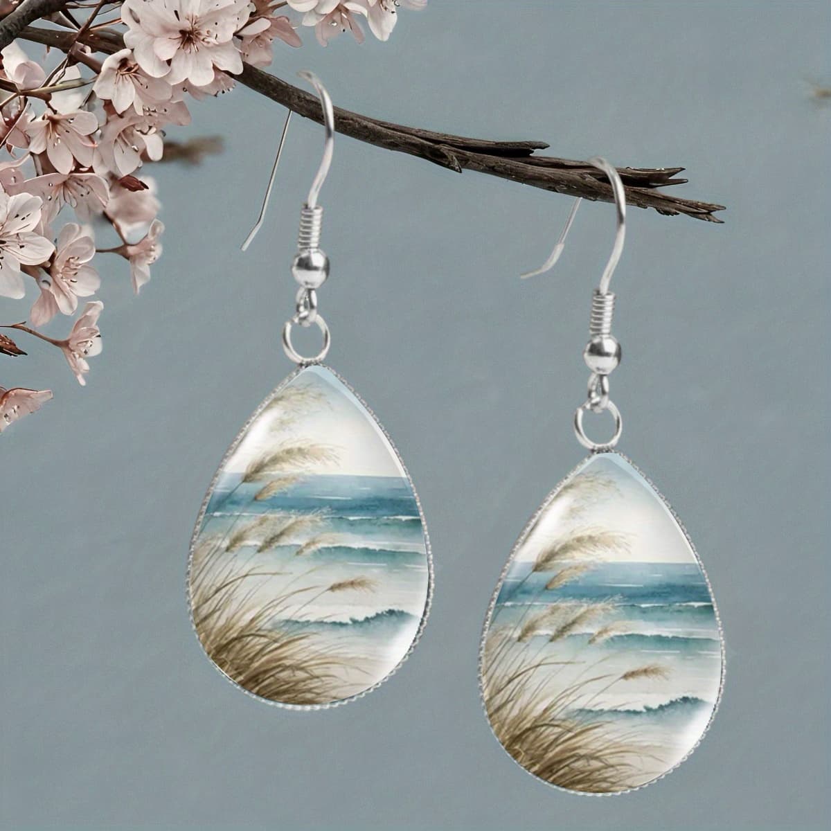 TEMU 1 Pair Waves And Reeds Watercolor Style Teardrop Earrings, Elegant Unisex Jewelry, Suitable For Vacation And Casual Wear, Holiday Accessory, Without Battery