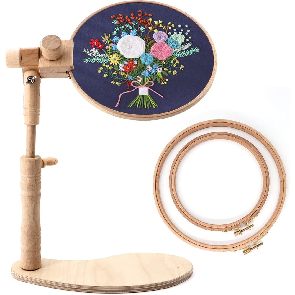 TEMU Wood Adjustable Rotated Embroidery Hoop Stand With 2pcs 6'' 8'' Embroidery Hoops, Wooden Embroidery Stand, Embroidery Hoop Holder