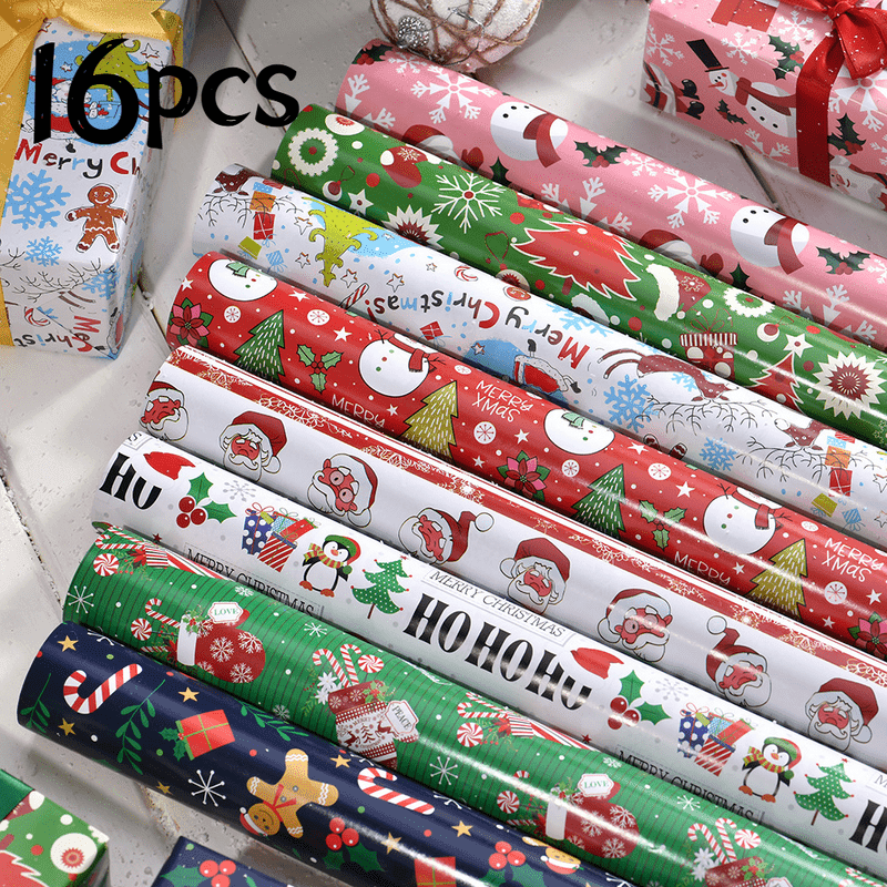 TEMU 16pcs Christmas Gift Wrapping Paper Cute Santa Claus Christmas Snowman Wrapping Paper, 19.7x 27.5 Inches, Suitable For Parties, Festivals And Gifts