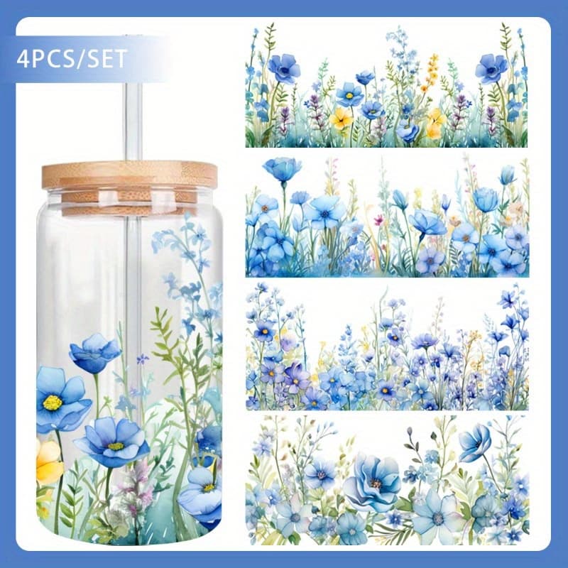 TEMU Set Of 4 Blue Uv Dtf Vinyl Sheets, Waterproof Transfer Paper For 16 Oz Glass Jars, , High-quality Decorative Paper