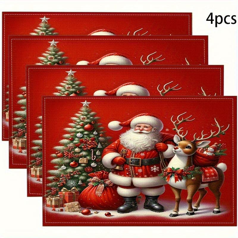 TEMU Set Of 4 Christmas Themed Placemats - Linen Table Mats With Santa Claus And Reindeer Design, Holiday Coasters, Machine Washable Table Placemats For Home And Restaurants