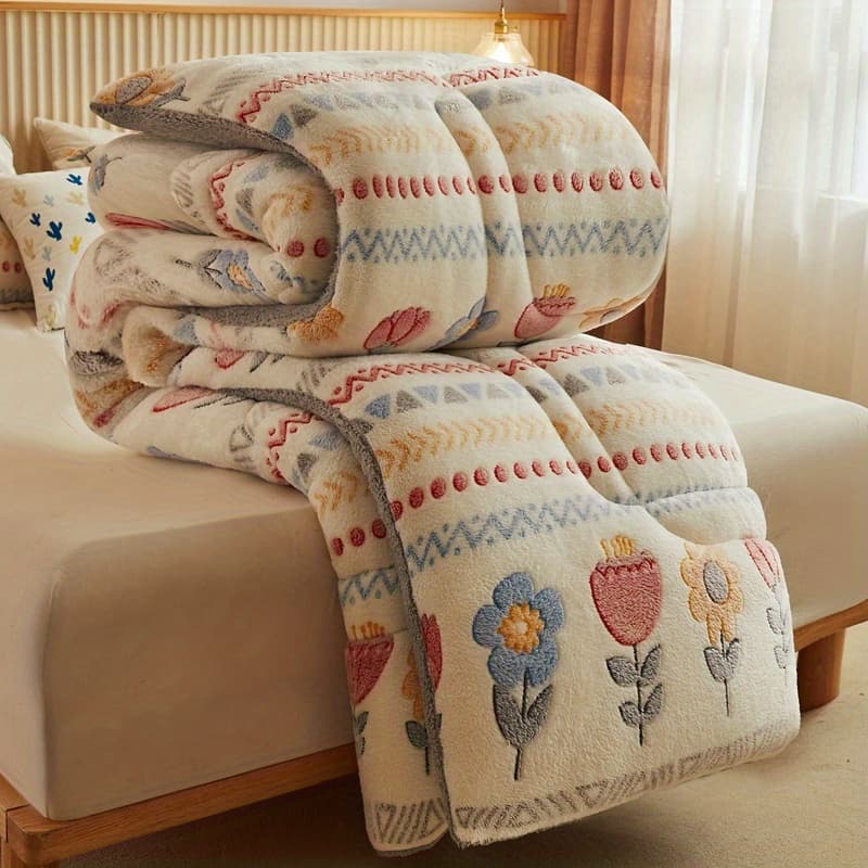 TEMU Bohemian Style Thick Winter Quilt - Snowflake Velvet 3-layer Thick Fat Quilt Core | 4-season Universal, Soft Warm, Fit Bedroom/hotel