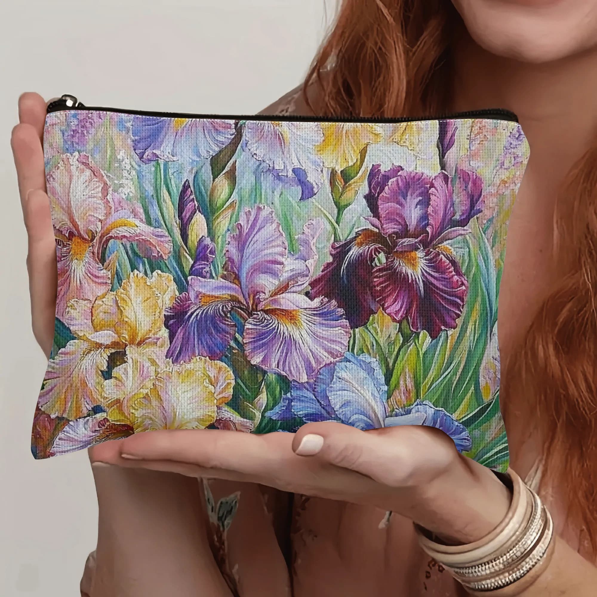 TEMU Iris Floral Makeup Bag – Lightweight Polyester Cosmetic Pouch With Vibrant Purple, Yellow, And , Toiletry Bag, Perfect Gift For Women, Cosmetic Bag