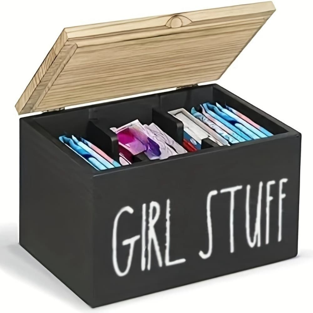 TEMU 1pc Stylish Wooden Bathroom Organizer With Lid - 3 Compartments Divided Organizer For Tampons, Sanitary Napkins And Additions, Removable Dividers, Moisture Resistant, Organizational Organizer