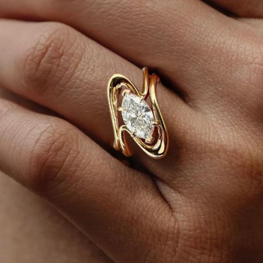 TEMU [elegant Twisted Zirconia Ring] Elegant Twisted Marquise Synthetic Cubic Zirconia Ring For Women | 1pc Oval Copper Gold-tone Jewelry, Durable Party & Accessory, Perfect For Graduations & Gifts