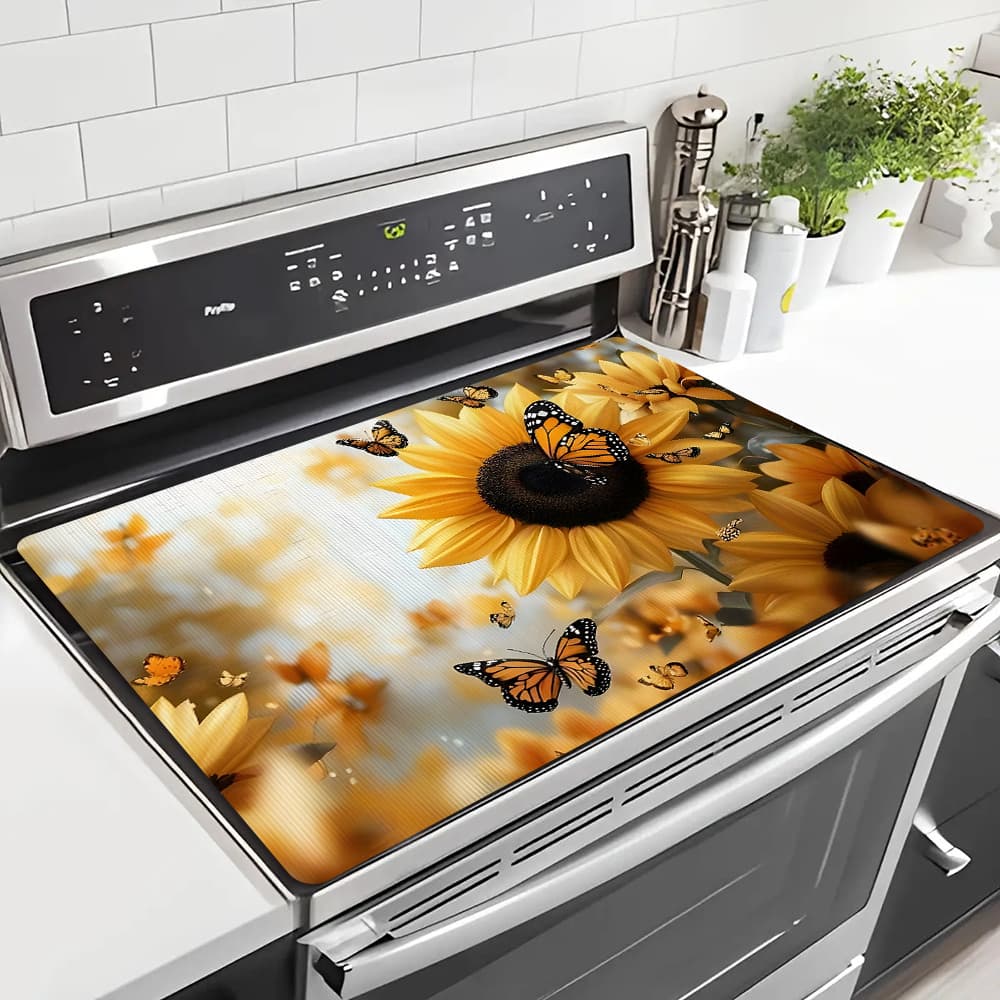 TEMU 1pc Stove Cover Protector, Spring, Sunflower And Pattern, 28.3x20.4in Easy To Clean For Kitchen, Washing Machine, Dryer, Stovetop Panel Protector