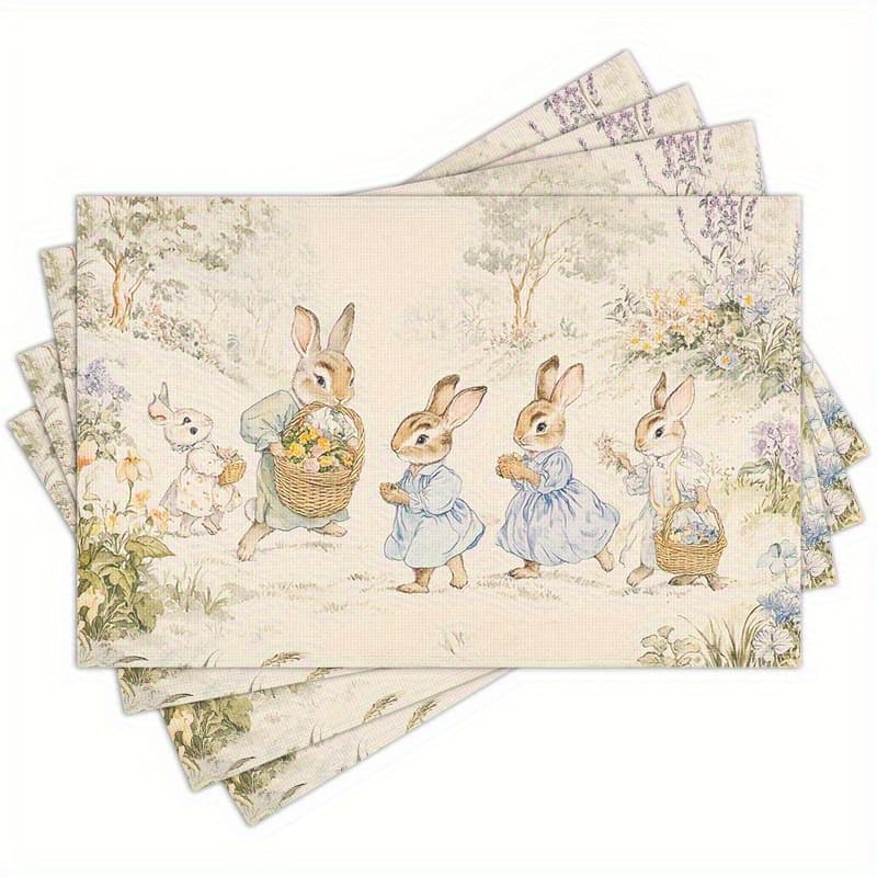 TEMU 4pcs Set Classic Bunny Multi-position Printed Placemats - Washable, Suitable For Holiday Parties, Home Decoration, Kitchen Tabletop, Rectangular Dining Celebration Placemats