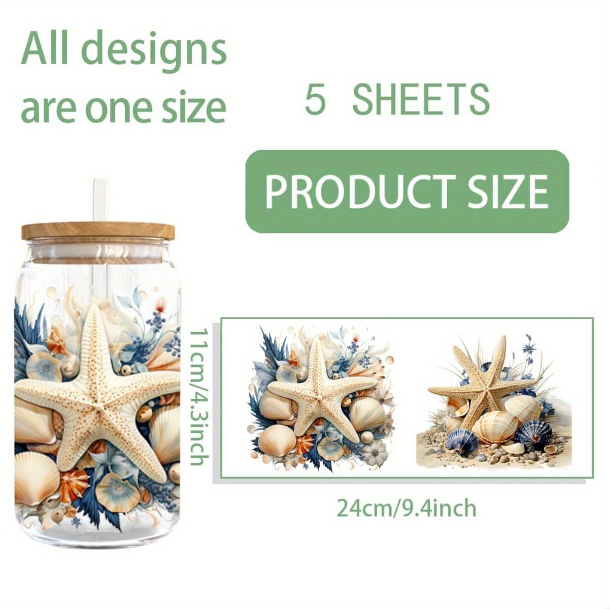 TEMU Set Of 5 Sea Uv Dtf Cup Packaging Ideal For 16 Ounce Glass Jars - Colored Self-adhesive Transfer Paper For Projects, Laptops, Notebooks, Etc