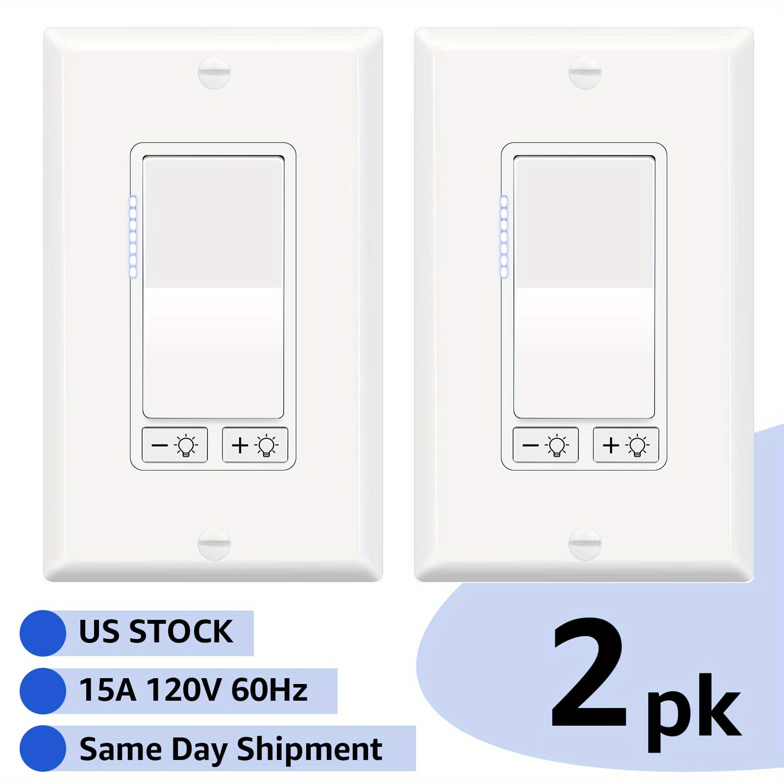 TEMU Double Switch, 2pk 3 Way Dimmer Switch For Dimmable 150w Led , 600w Halogen And Incandescent, 15a 120v, Neutral Wire Not Required, Residential/commercial