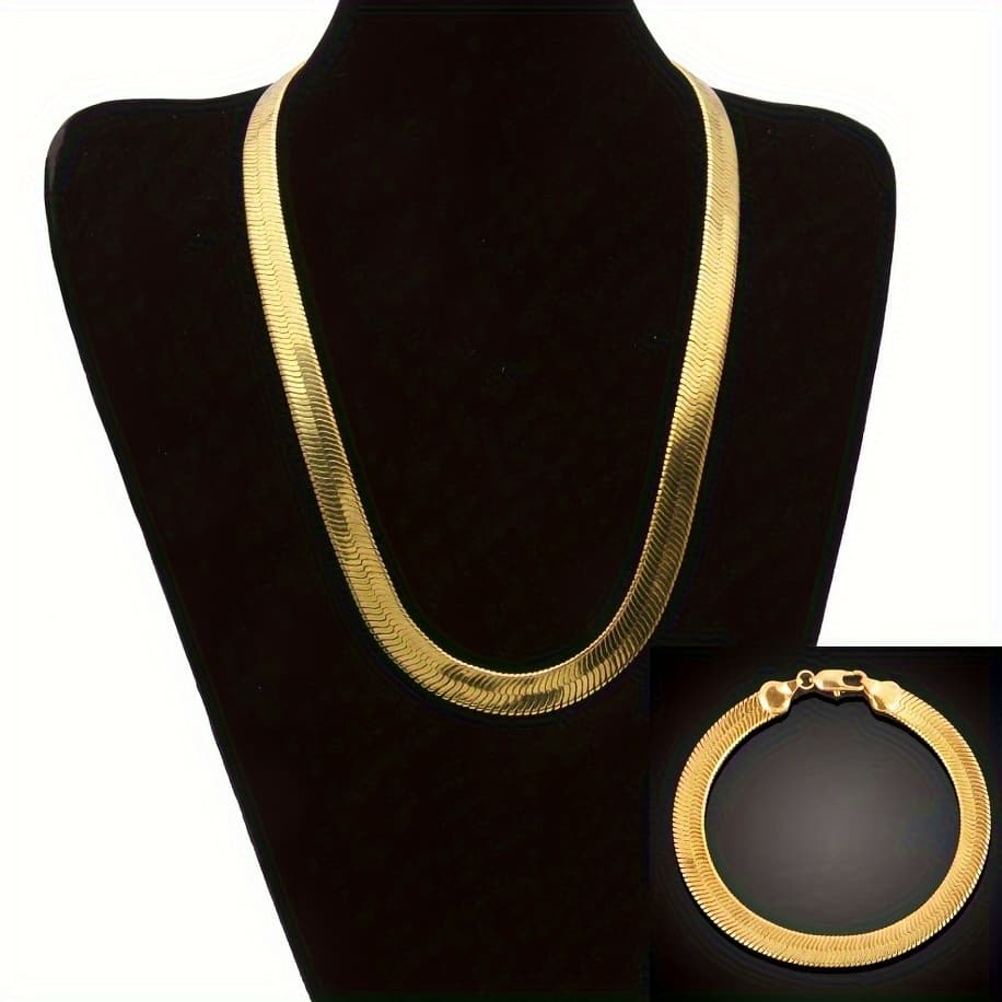 TEMU 2pcs/ Set Golden Plated Flat Herringbone Necklace For Man, Father's Day Gift