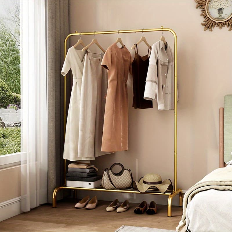 TEMU Heavy-duty Portable Clothes Rack With Bottom Metal Shelf – Large Capacity For Coats, Shirts & More, Sturdy & , Easy To Assemble – Perfect Clothes Organizer For Home & Storage