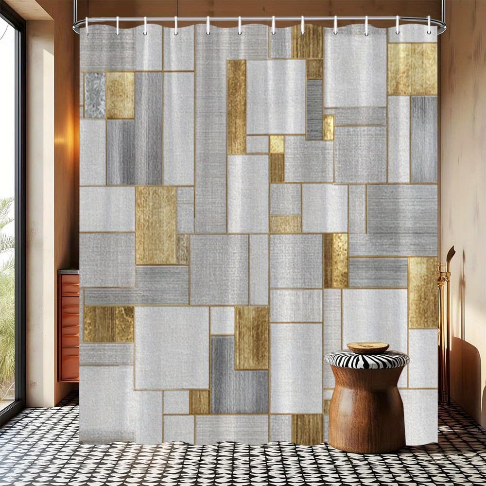 TEMU 1pc Elegant Geometric Shower Curtain Modern Abstract Grey And Pattern Bathroom Decor Polyester Fabric Bath Hanging Curtain 70.8x70.8 Inch With Hook
