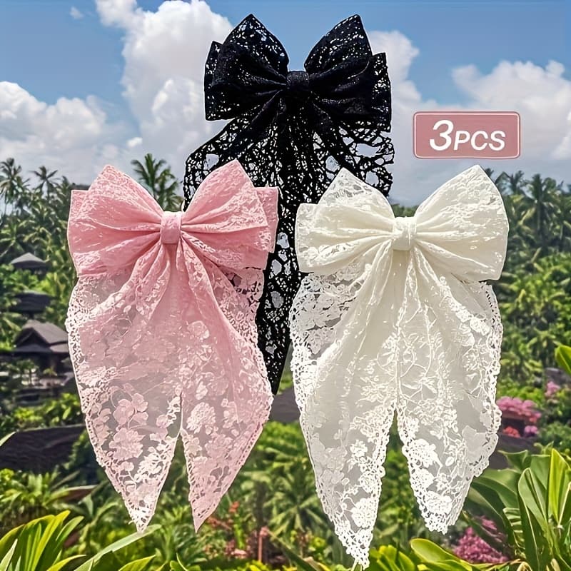 TEMU 3pcs Elegant Lace Bow Hair Clips- Black, Pink- Elegant Bow Hair Clips For Weddings, Parties, Daily Use- Valentine's Day Gift, Women's Hair Accessories, Durable Hair Clips