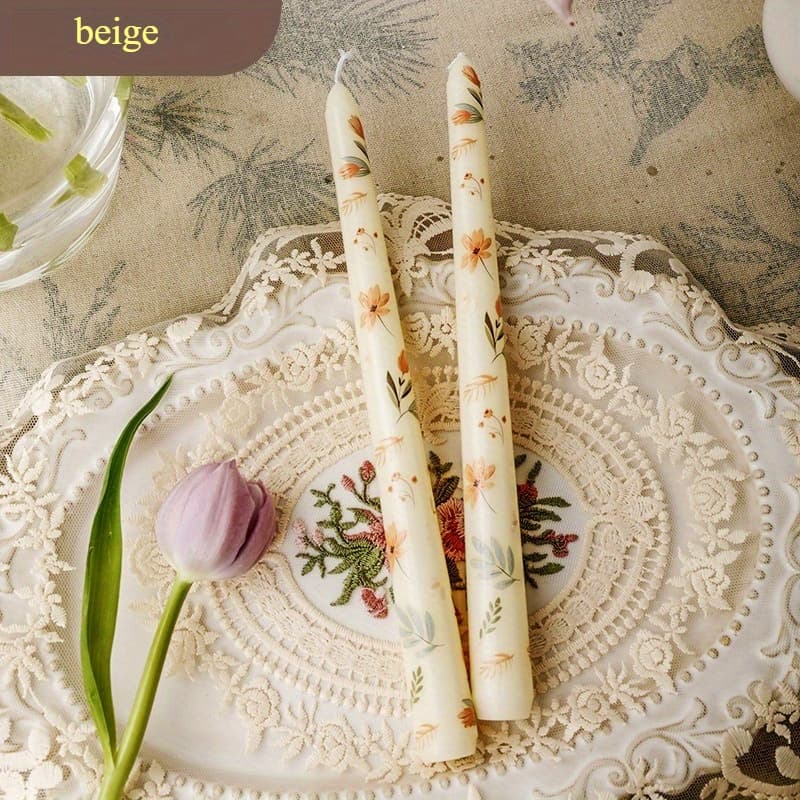 TEMU Floral Printed 10inch Long Taper Candle 2pcs/set, , Scented Candles – For Christmas Gifts Wedding & Holiday Decor, Christmas Party Candles