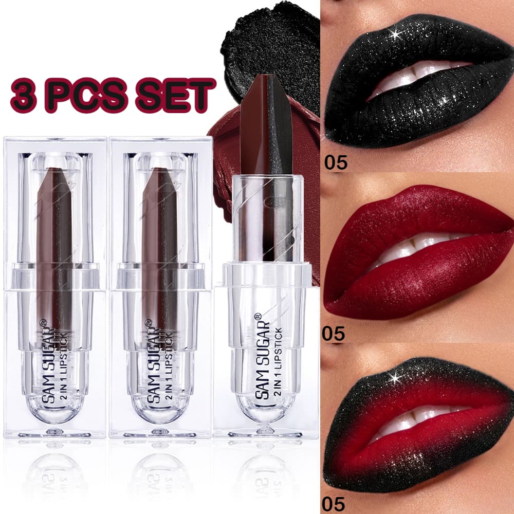 TEMU 3pcs Set Dual-tone Lipstick Matte & Shimmer Black - 24h Waterproof, Cup Lip Makeup With Glitter Finish For Halloween/ Christmas/ Cosplay. , Pigmented Lip Gloss & Lipstick Combo For Wear