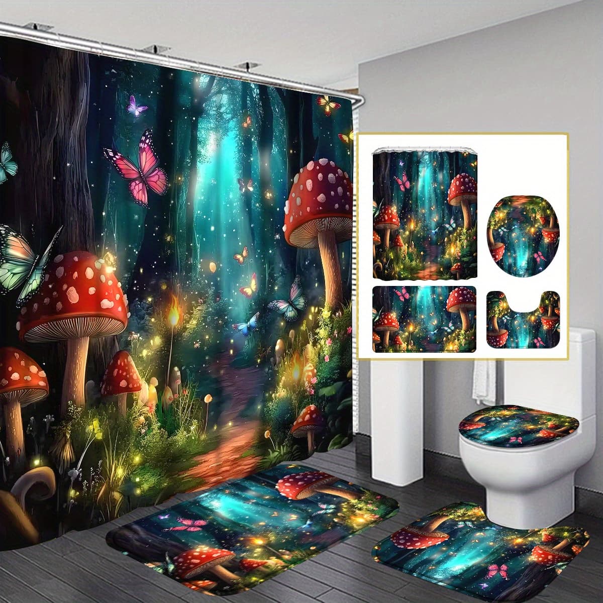 TEMU 4pcs Shower Curtain Set, Fairy Garden Wood Bathroom Sets With Shower Curtain And And Additions, Firefly Floral Shower Curtain With Set And 12 Hooks, Shower Curtain For Bathroom Home Decor