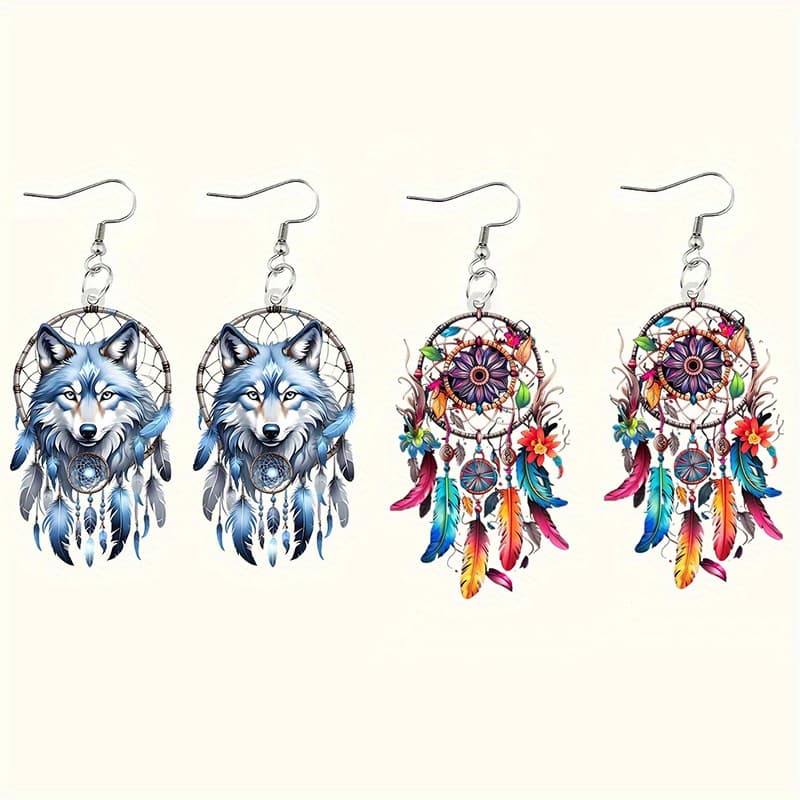 TEMU Of Bohemian-style Acrylic Earrings - Featuring Vibrant Feathers And A Wolf Design, With Stainless Steel Hooks. Are Perfect For Anniversaries, Birthdays, Holidays, Parties, And Casual Outfits