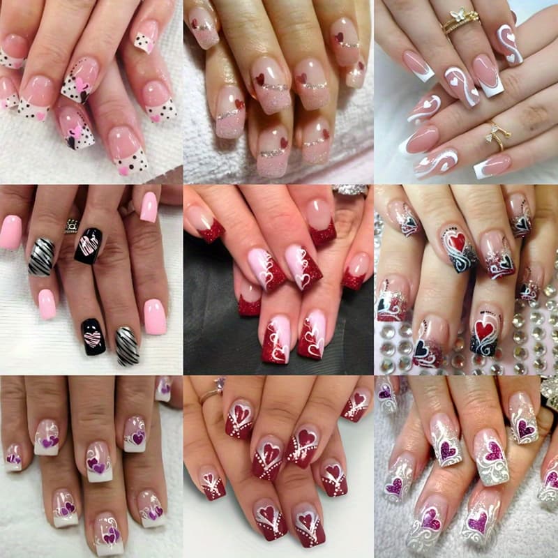 TEMU 216pcs (9 Packs) Of Fake Nail Patches For Valentine's Day, Featuring Heart-shaped Acrylic Nails That Are Perfect For Women