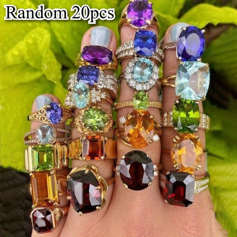 TEMU 10/20pcs Random Colors Glass Colored Women's Size Rings Set | Random Size, Random , Alloy, Vintage Boho Style, Perfect Christmas Gift For Family