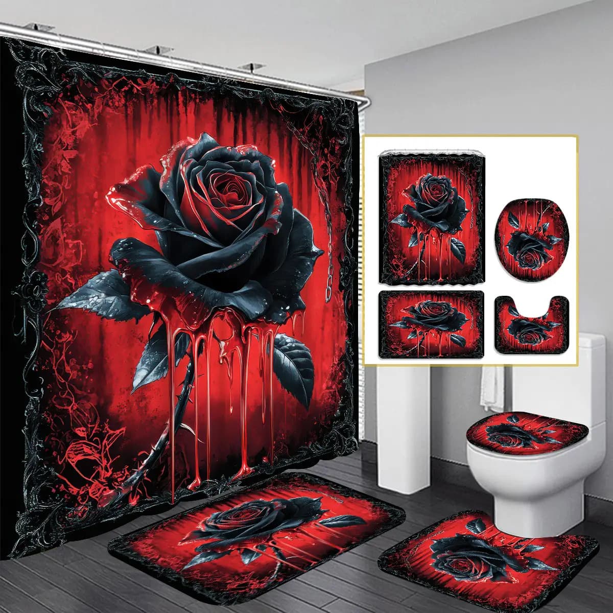 TEMU 4pcs Modern Shower Curtain & Suitable For - Partition Curtain With Toilet Mat, Elegant Bathroom Decor,includes 12 Hooks, Shower Curtain, Bath Mat, U-shaped Rug, And Toilet Lid Cover