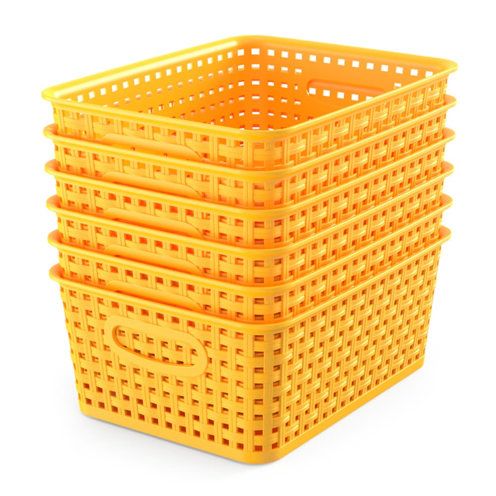TEMU Set Of 6 Durable Woven Plastic Storage Bins In Yellow, Measuring 10.1" X 7.55" X 4.1", Ideal For Organizing Your Home, Office, Desktop, Wardrobe, Or Bathroom, Shelf Baskets