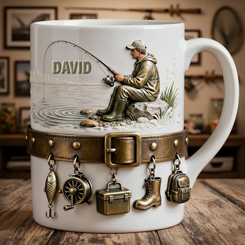 TEMU Fisherman Mugs Ceramic Coffee Cups With 2d Fishing Bait, Boots And Scroll Charm, Enthusiasts