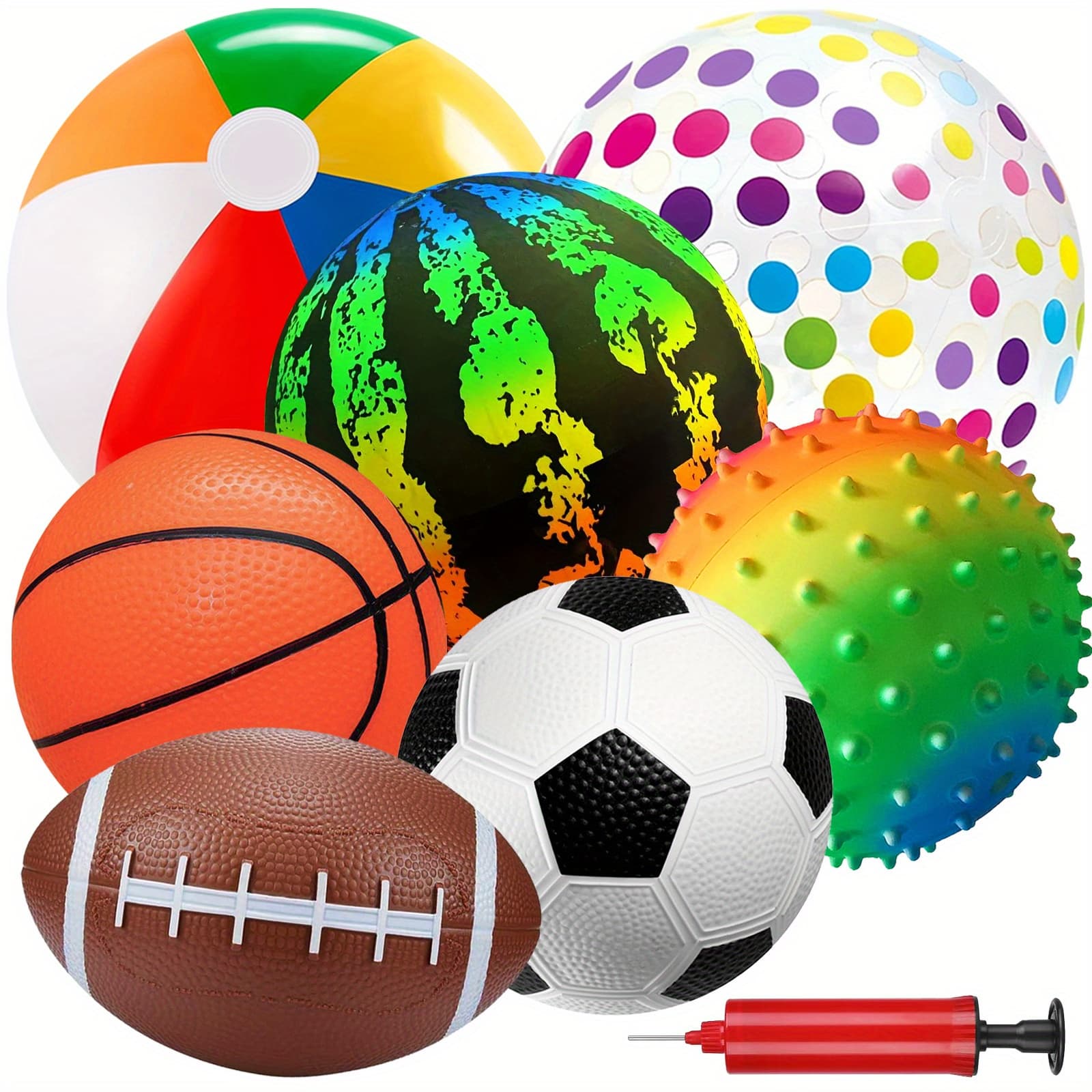 TEMU 7pcs Playground Balls With Pump, 7 Styles Inflatable Balls, Bounce Ball, Beach Ball, Basketball Soccer Ball Dodgeballs Kick Balls Handball For Indoor & Outdoor Games, Kids Party Gifts