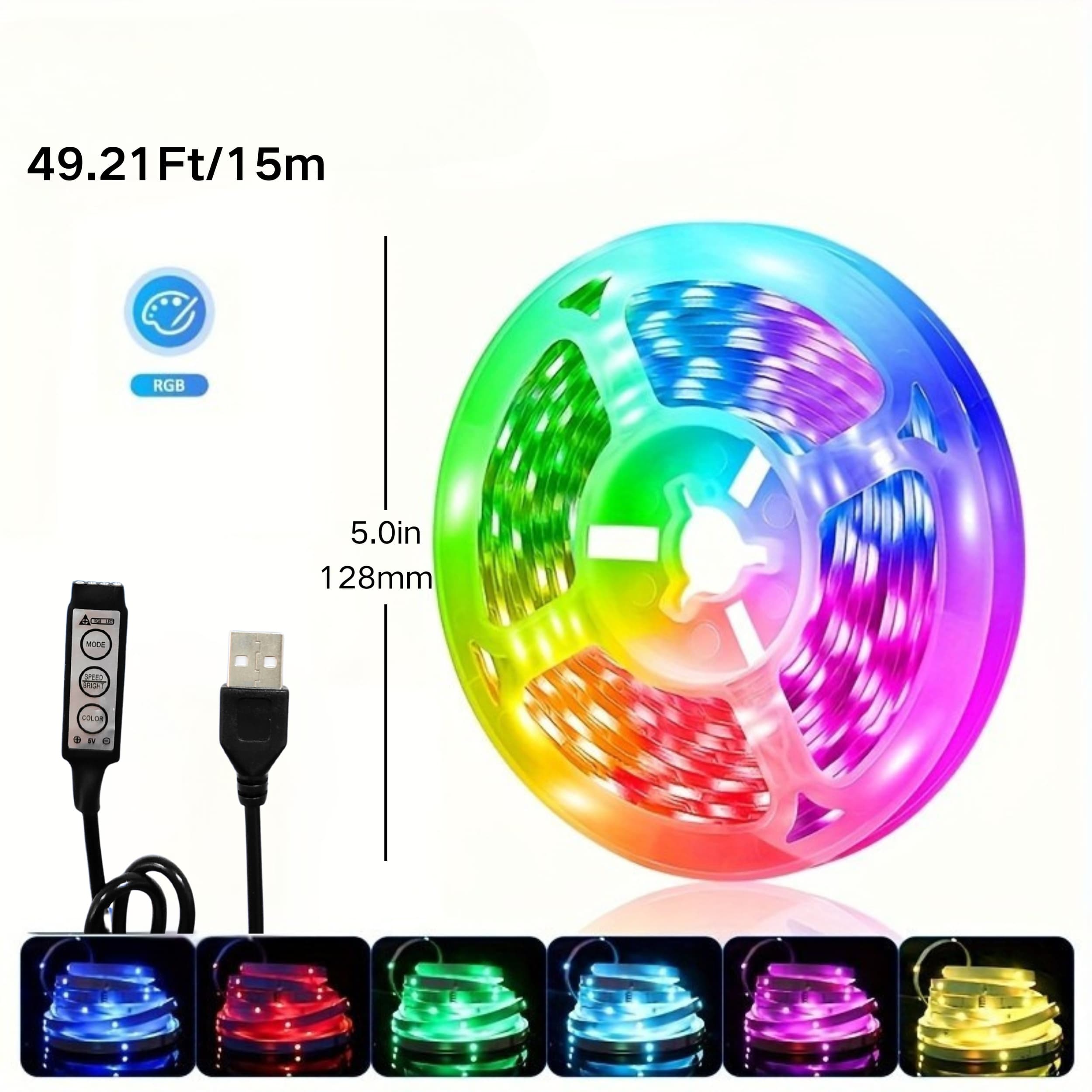 TEMU 6.5/16/32.8/49.2ft Led Lights For Bedroom, Rgb Led Light Strip With Usb 3-key Control, 5050 Smd Color Changing Lights For Tv Backlight, Room Decor, Living Room, Christmas Party, Cuttable